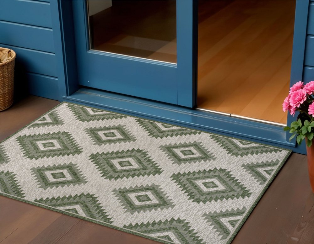 3' X 5' Green And Cream Moroccan Indoor Outdoor Area Rug — view 3