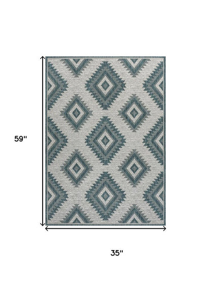 3' X 5' Turquoise And Cream Moroccan Indoor Outdoor Area Rug HomeRoots
