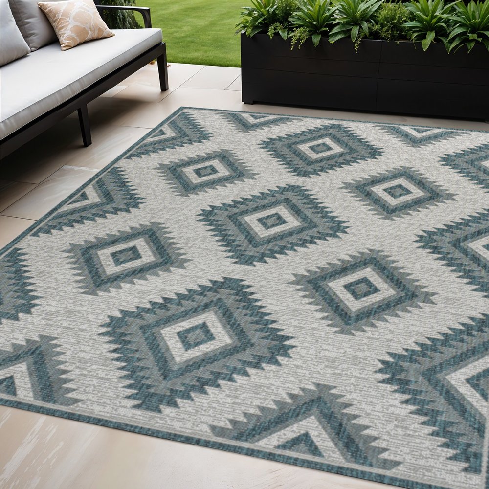 5' X 8' Turquoise And Cream Moroccan Indoor Outdoor Area Rug HomeRoots