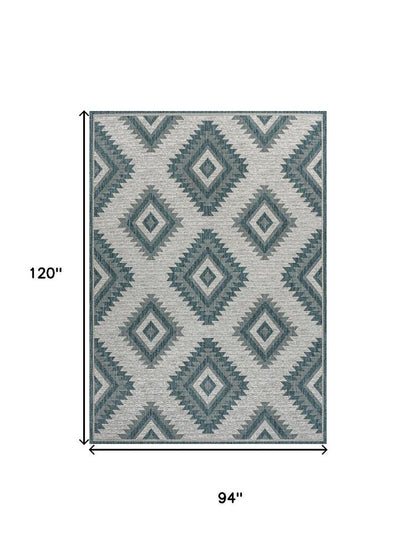 8' X 10' Turquoise And Cream Moroccan Indoor Outdoor Area Rug