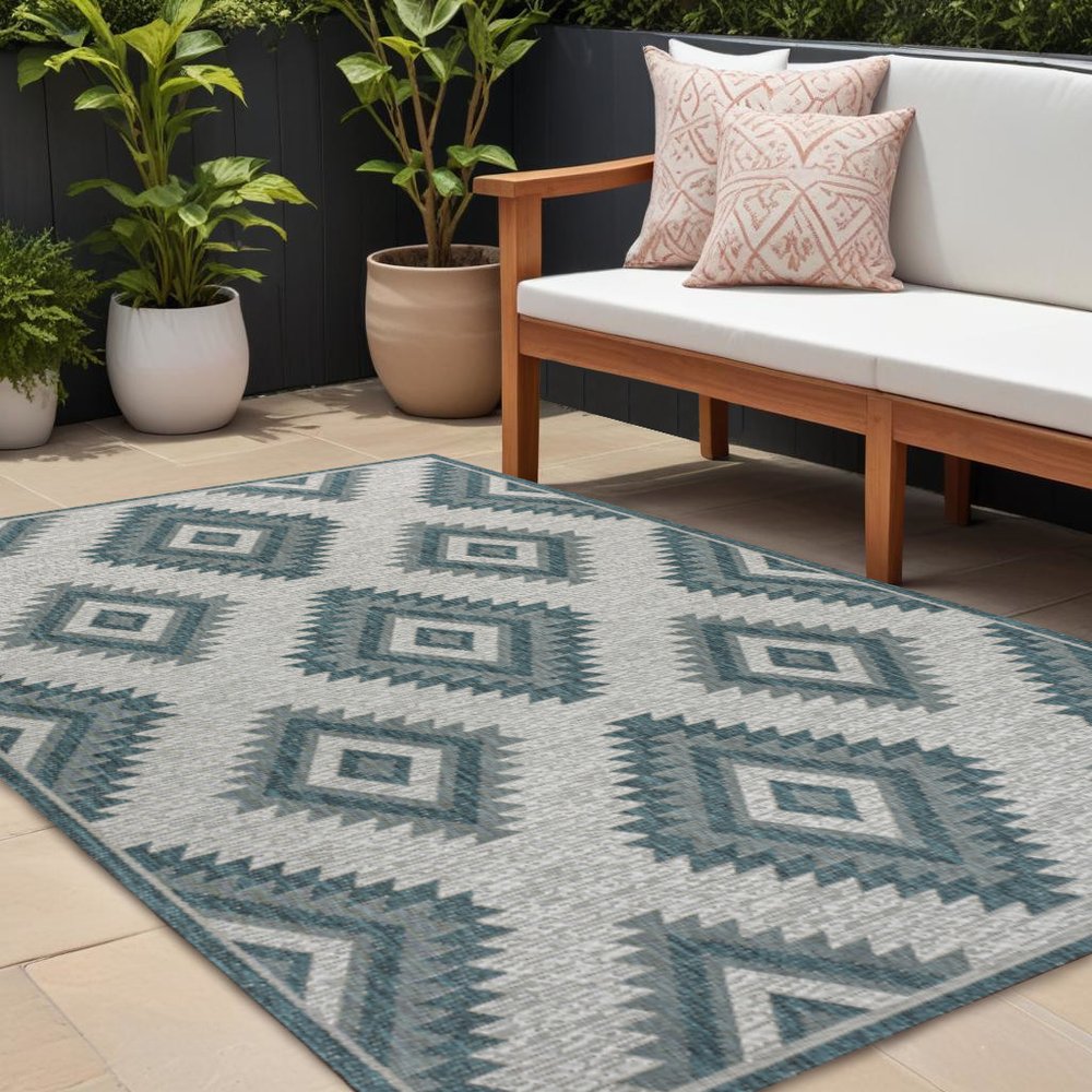 8' X 10' Turquoise And Cream Moroccan Indoor Outdoor Area Rug — view 3