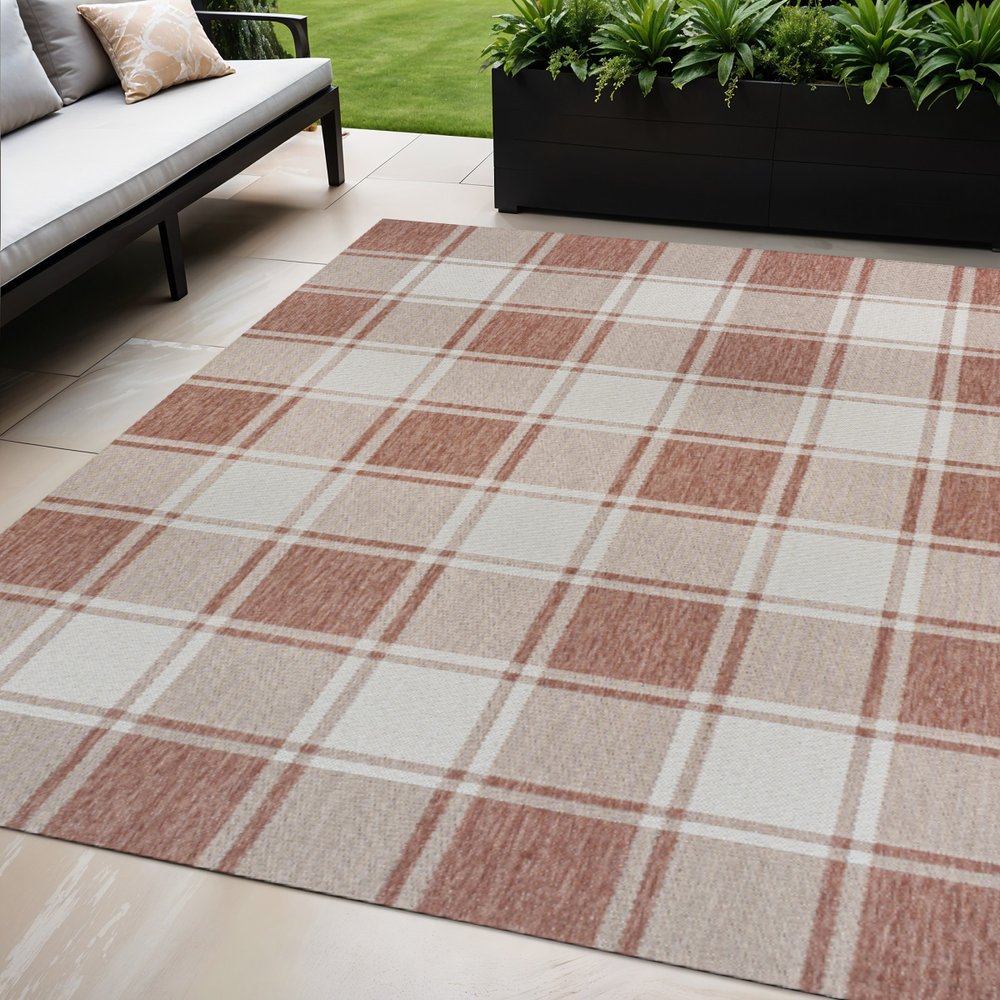 5' X 8' Salmon And Cream Gingham Indoor Outdoor Area Rug HomeRoots