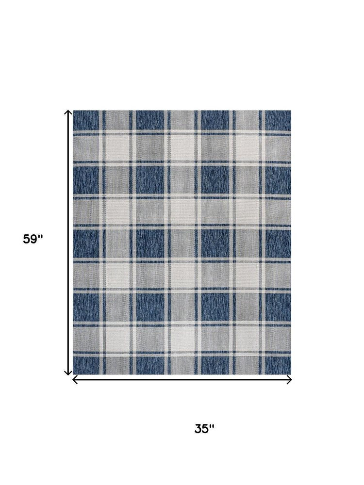3' X 5' Navy Blue And Cream Gingham Indoor Outdoor Area Rug — view 2