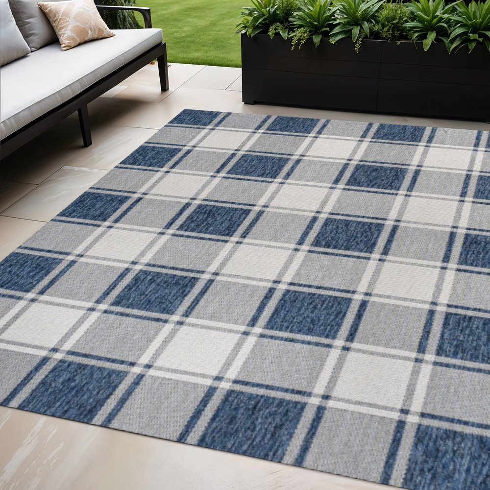 5' X 8' Navy Blue And Cream Gingham Indoor Outdoor Area Rug — view 3