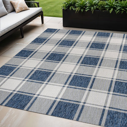 5' X 8' Navy Blue And Cream Gingham Indoor Outdoor Area Rug