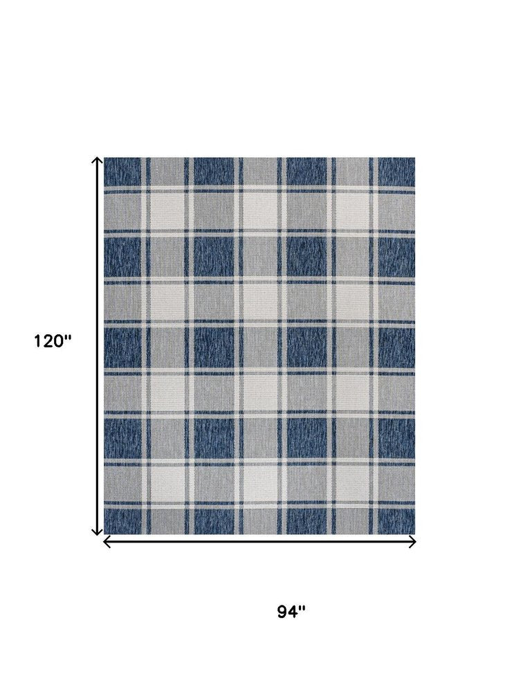 8' X 10' Navy Blue And Cream Gingham Indoor Outdoor Area Rug HomeRoots