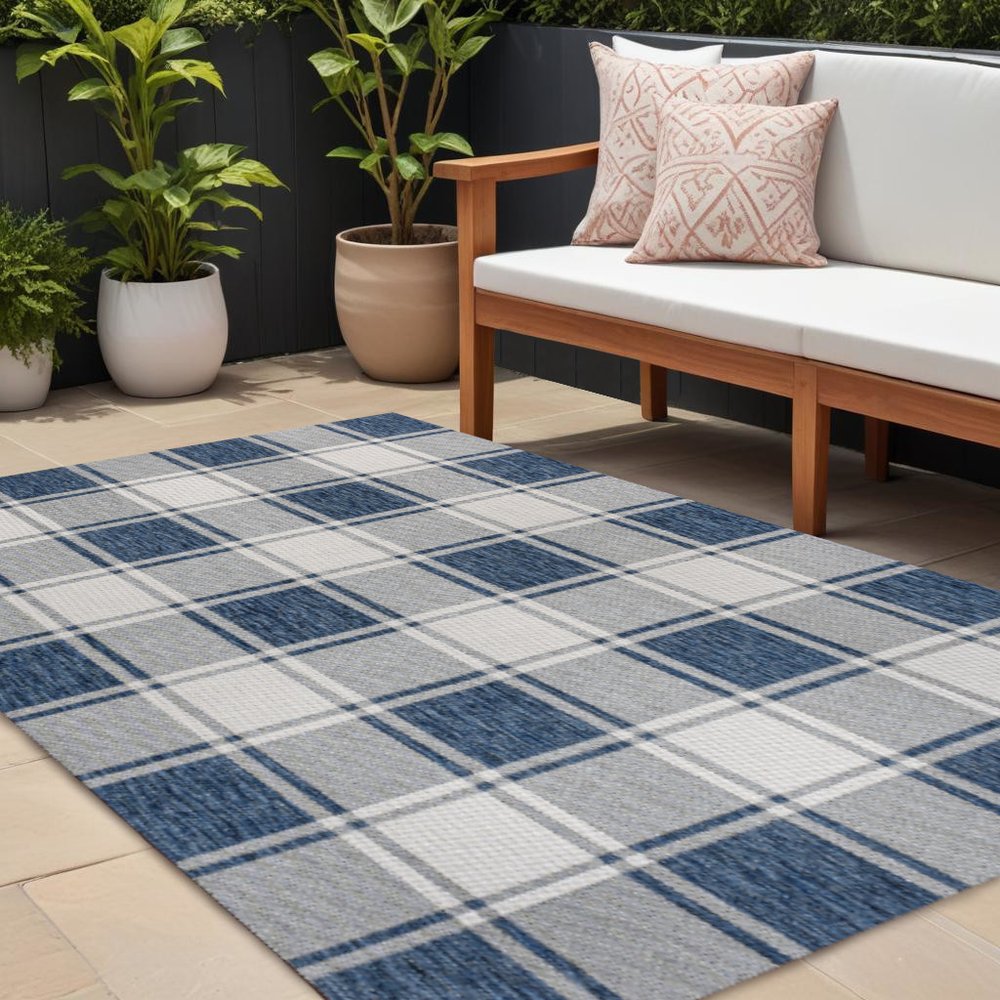 8' X 10' Navy Blue And Cream Gingham Indoor Outdoor Area Rug HomeRoots
