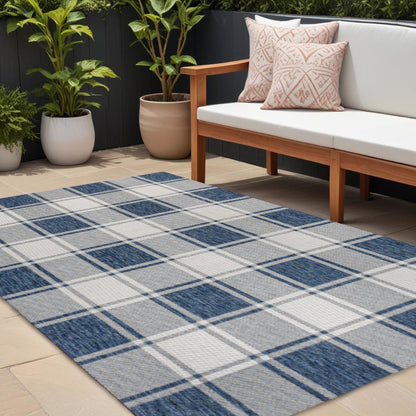 8' X 10' Navy Blue And Cream Gingham Indoor Outdoor Area Rug HomeRoots