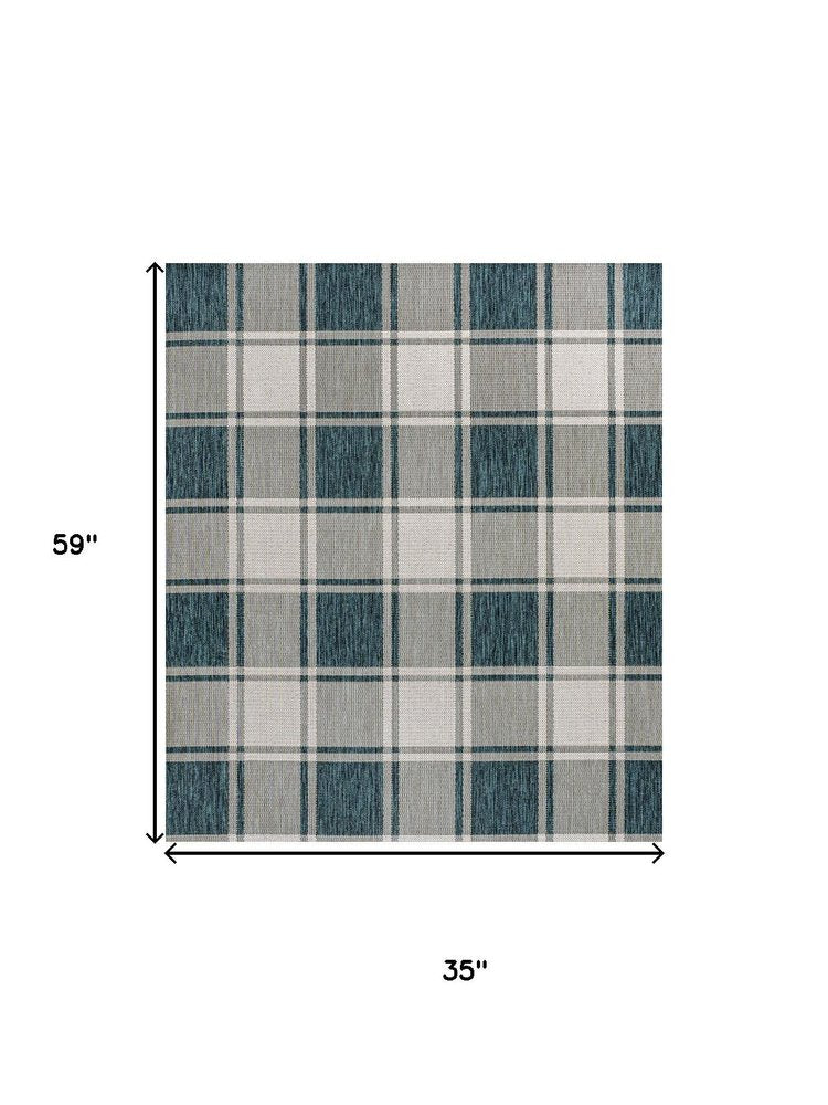 3' X 5' Turquoise And Cream Gingham Indoor Outdoor Area Rug — view 3