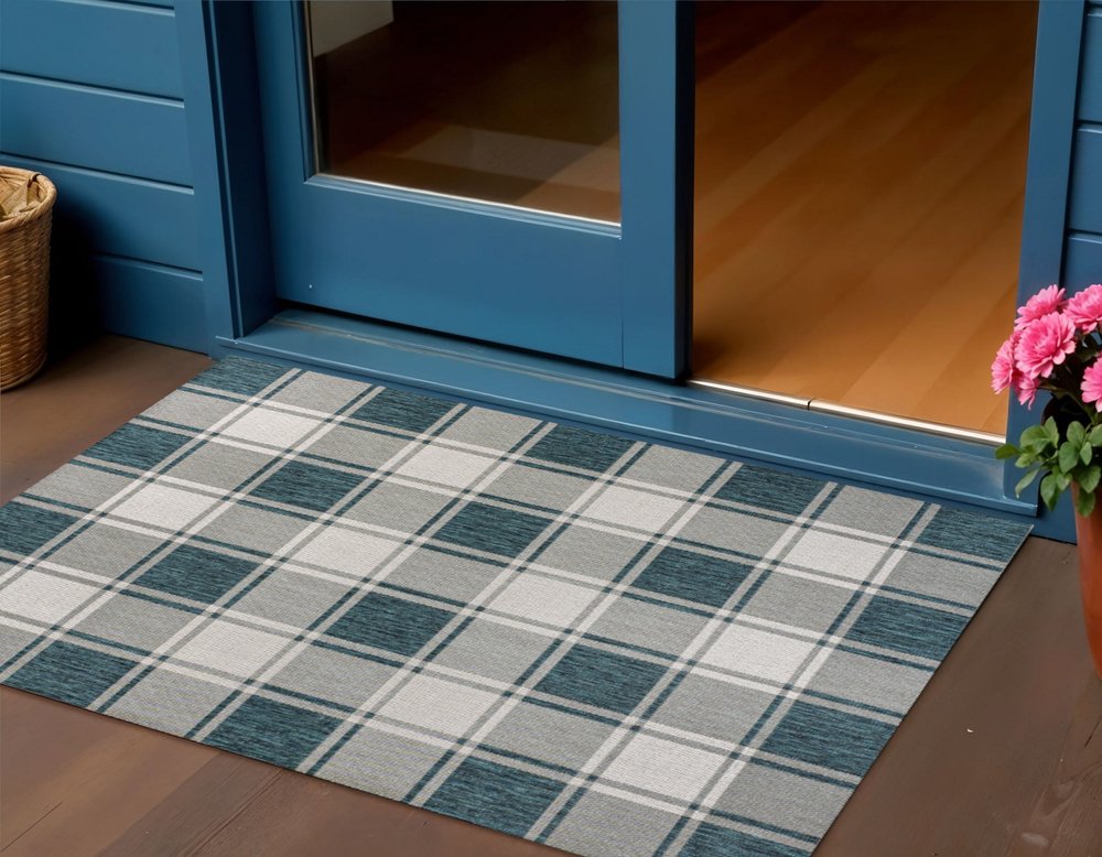 3' X 5' Turquoise And Cream Gingham Indoor Outdoor Area Rug — view 5