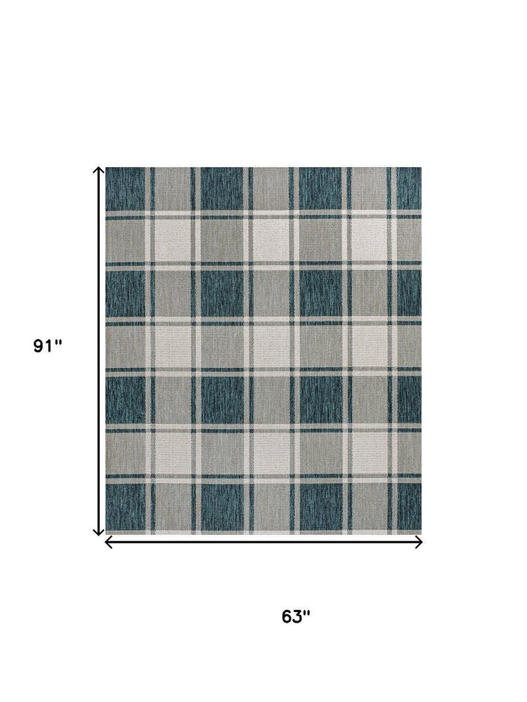 5' X 8' Turquoise And Cream Gingham Indoor Outdoor Area Rug — view 3