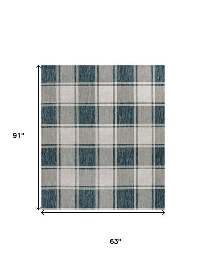 5' X 8' Turquoise And Cream Gingham Indoor Outdoor Area Rug HomeRoots