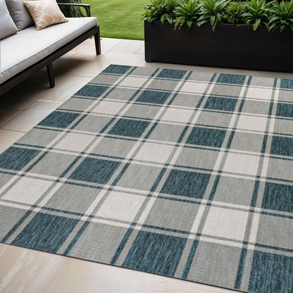 5' X 8' Turquoise And Cream Gingham Indoor Outdoor Area Rug HomeRoots