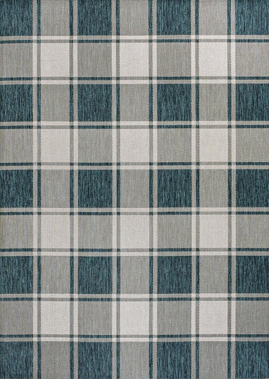 5' X 8' Turquoise And Cream Gingham Indoor Outdoor Area Rug