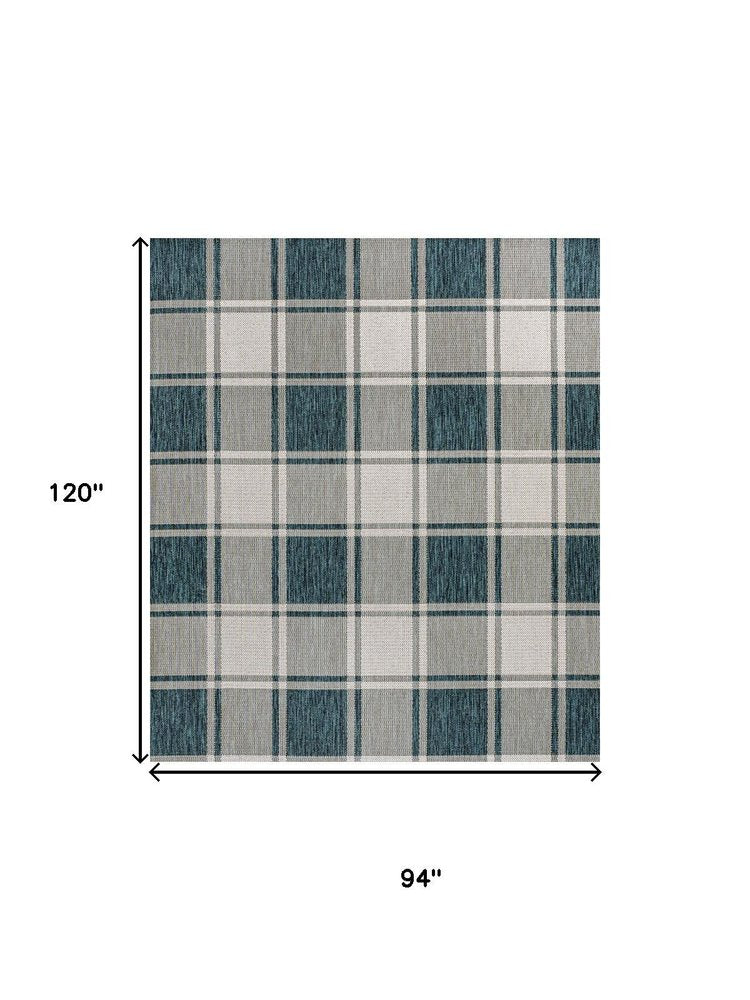 8' X 10' Turquoise And Cream Gingham Indoor Outdoor Area Rug — view 3