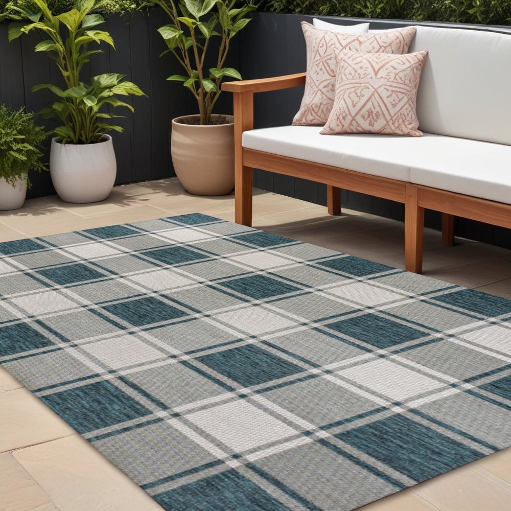 8' X 10' Turquoise And Cream Gingham Indoor Outdoor Area Rug — view 4