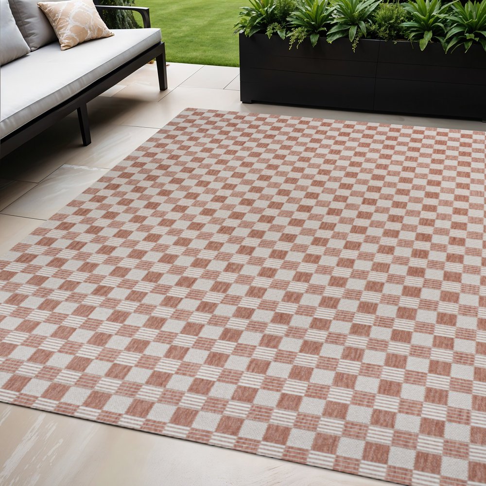 5' X 8' Salmon And Cream Geometric Indoor Outdoor Area Rug HomeRoots