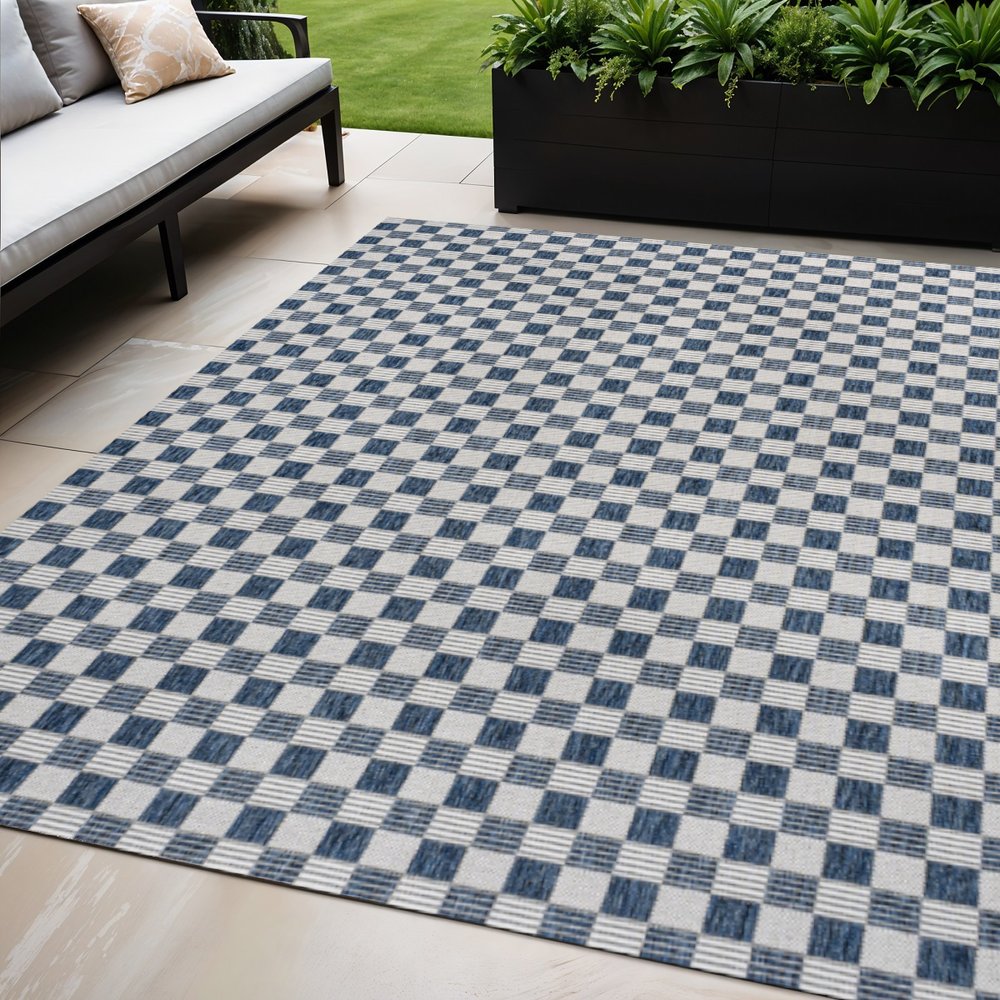 5' X 8' Navy Blue And Cream Geometric Indoor Outdoor Area Rug — view 3