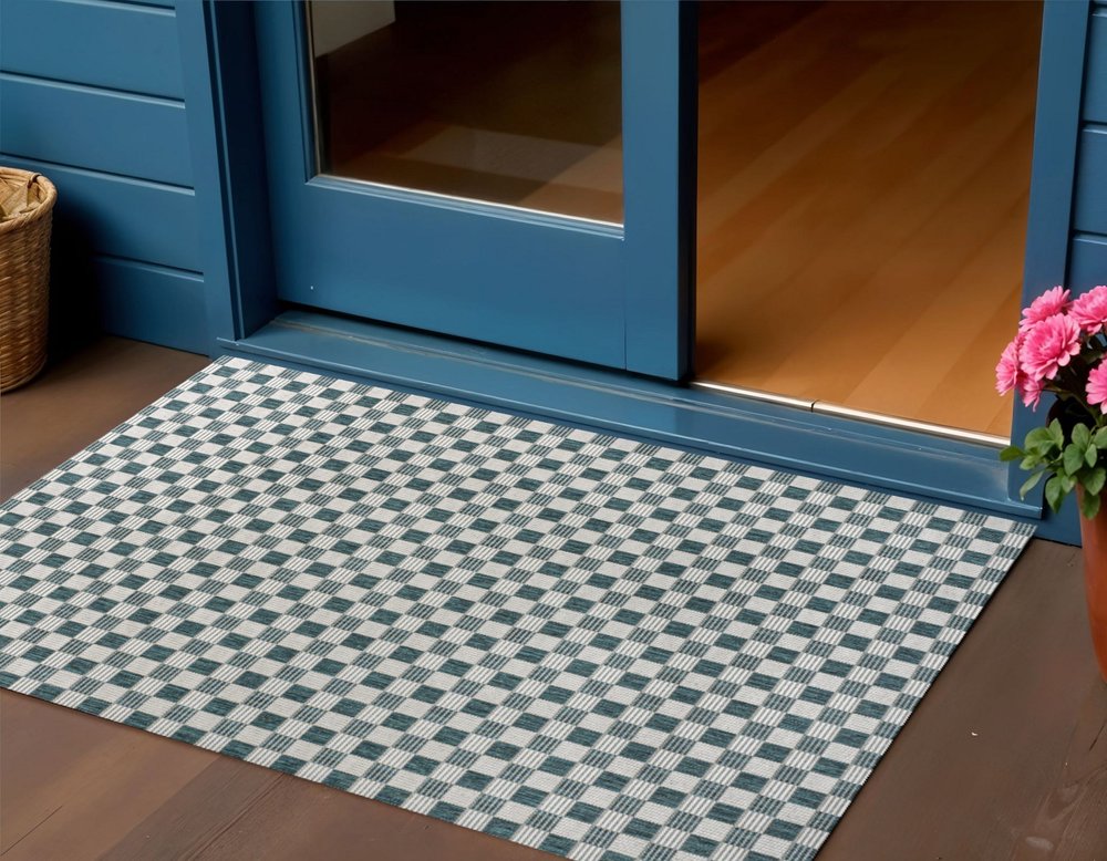 3' X 5' Turquoise And Cream Geometric Indoor Outdoor Area Rug