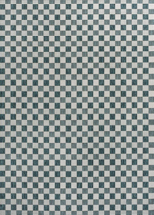 4' X 6' Turquoise And Cream Geometric Indoor Outdoor Area Rug