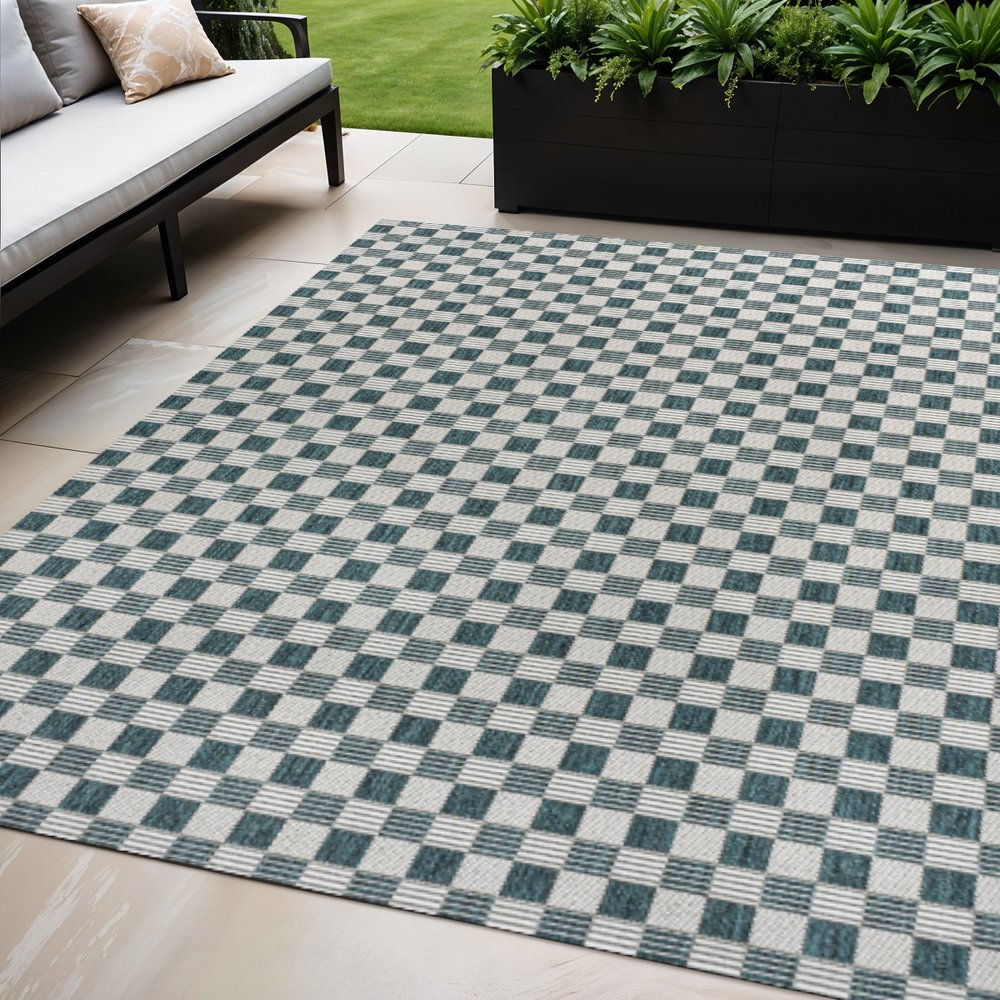 5' X 8' Turquoise And Cream Geometric Indoor Outdoor Area Rug HomeRoots