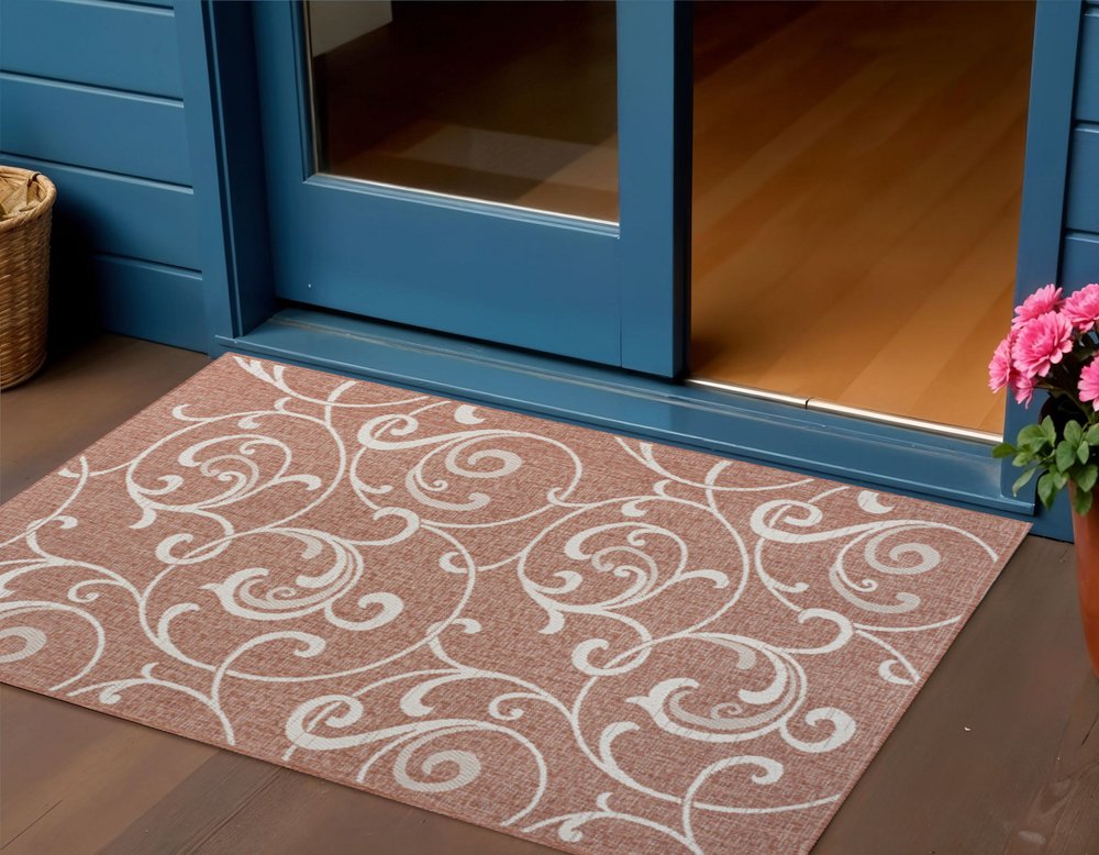 3' X 5' Salmon And Cream Floral Indoor Outdoor Area Rug HomeRoots