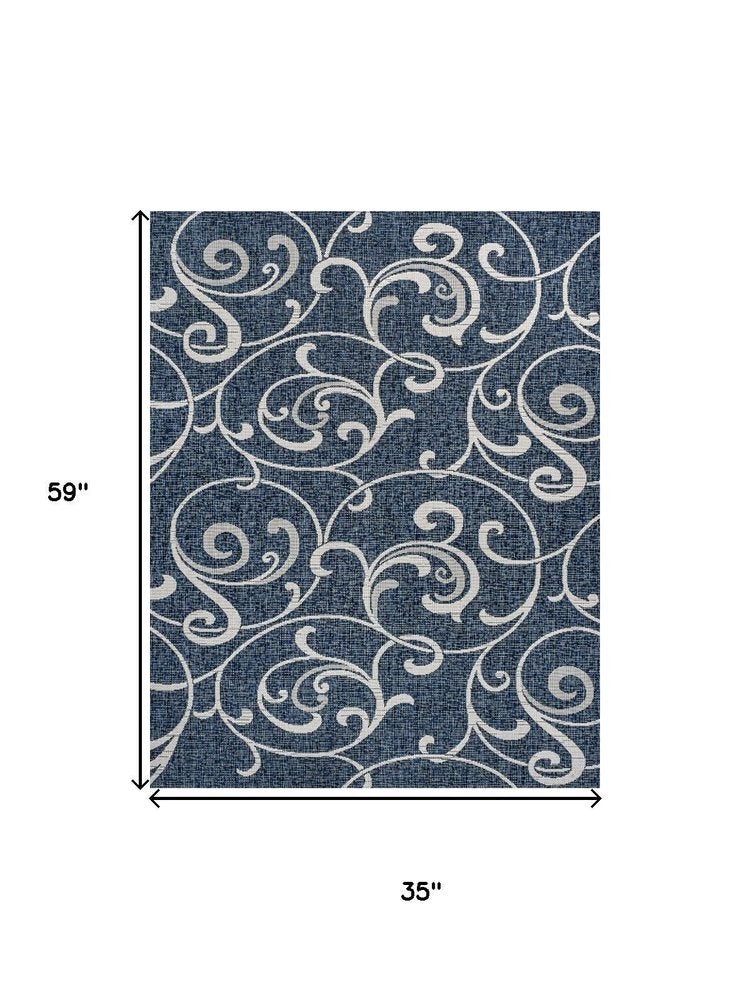 3' X 5' Navy Blue And Cream Floral Indoor Outdoor Area Rug HomeRoots