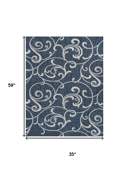 3' X 5' Navy Blue And Cream Floral Indoor Outdoor Area Rug HomeRoots
