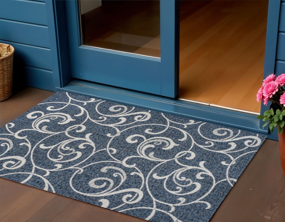3' X 5' Navy Blue And Cream Floral Indoor Outdoor Area Rug HomeRoots