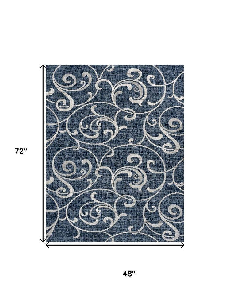 4' X 6' Navy Blue And Cream Floral Indoor Outdoor Area Rug HomeRoots