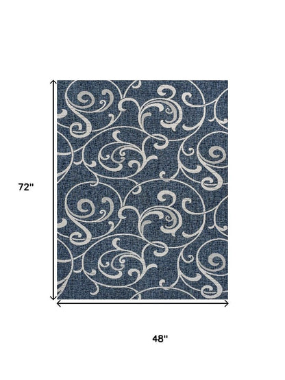 4' X 6' Navy Blue And Cream Floral Indoor Outdoor Area Rug HomeRoots