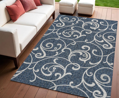 4' X 6' Navy Blue And Cream Floral Indoor Outdoor Area Rug HomeRoots
