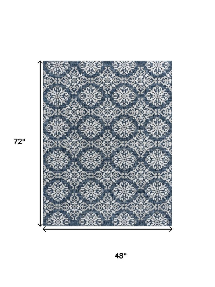 4' X 6' Navy Blue And Cream Floral Indoor Outdoor Area Rug HomeRoots