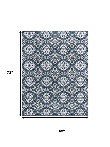 4' X 6' Navy Blue And Cream Floral Indoor Outdoor Area Rug HomeRoots