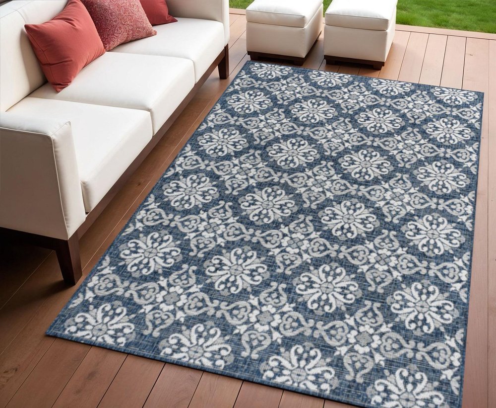 4' X 6' Navy Blue And Cream Floral Indoor Outdoor Area Rug HomeRoots