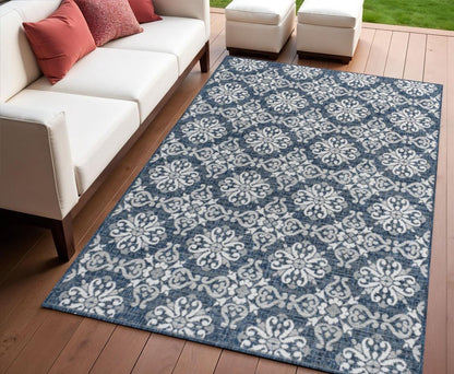4' X 6' Navy Blue And Cream Floral Indoor Outdoor Area Rug HomeRoots