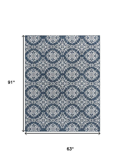5' X 8' Navy Blue And Cream Floral Indoor Outdoor Area Rug HomeRoots
