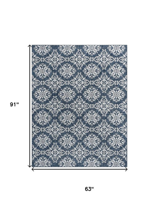 5' X 8' Navy Blue And Cream Floral Indoor Outdoor Area Rug