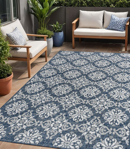 5' X 8' Navy Blue And Cream Floral Indoor Outdoor Area Rug HomeRoots