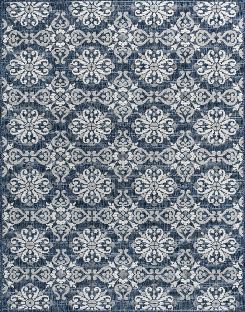 5' X 8' Navy Blue And Cream Floral Indoor Outdoor Area Rug — view 1