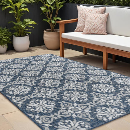 8' X 10' Navy Blue And Cream Floral Indoor Outdoor Area Rug HomeRoots