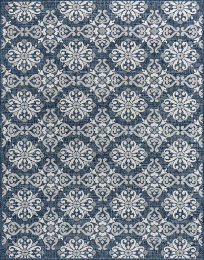 8' X 10' Navy Blue And Cream Floral Indoor Outdoor Area Rug HomeRoots