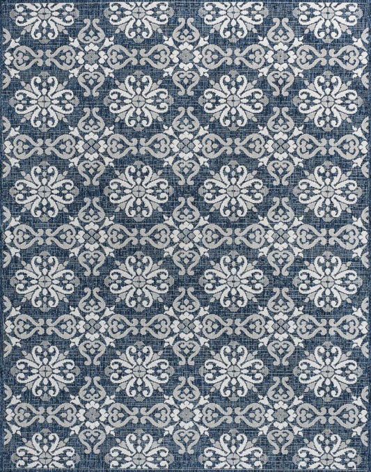 8' X 10' Navy Blue And Cream Floral Indoor Outdoor Area Rug