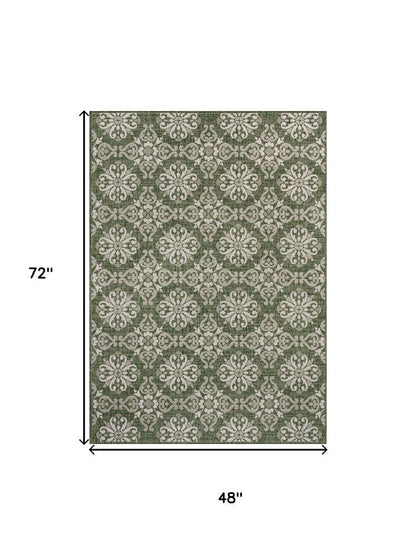 4' X 6' Green And Cream Floral Indoor Outdoor Area Rug HomeRoots