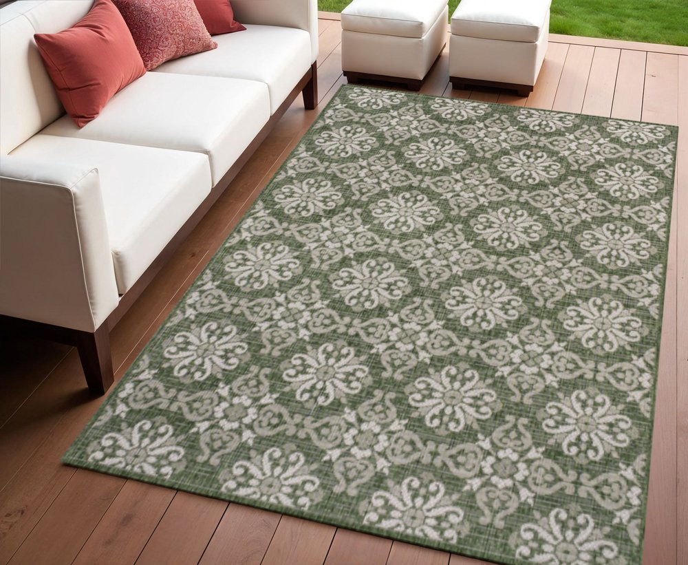 4' X 6' Green And Cream Floral Indoor Outdoor Area Rug HomeRoots