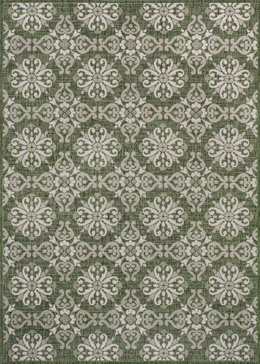 4' X 6' Green And Cream Floral Indoor Outdoor Area Rug