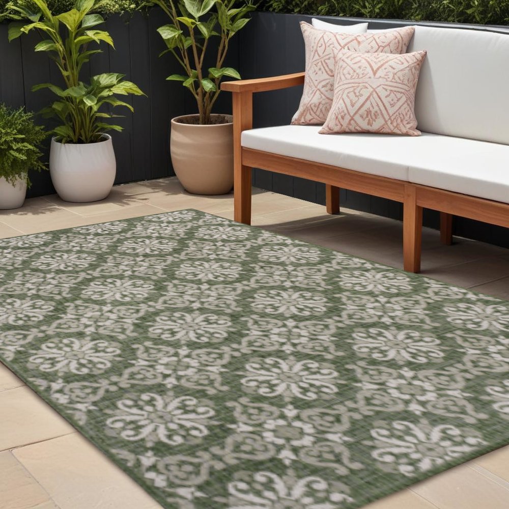 8' X 10' Green And Cream Floral Indoor Outdoor Area Rug — view 5
