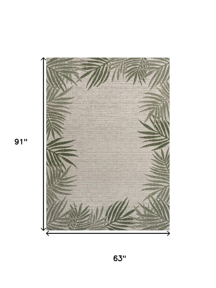 5' X 8' Green And Cream Floral Indoor Outdoor Area Rug — view 2