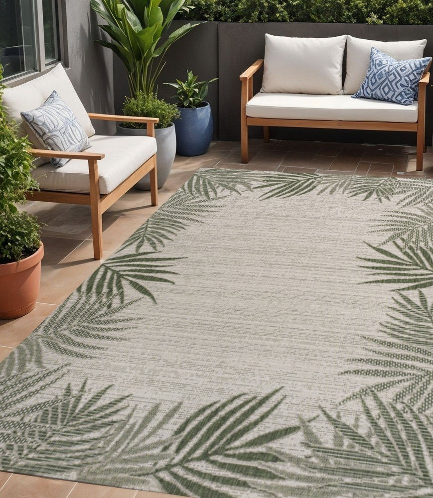 5' X 8' Green And Cream Floral Indoor Outdoor Area Rug — view 3