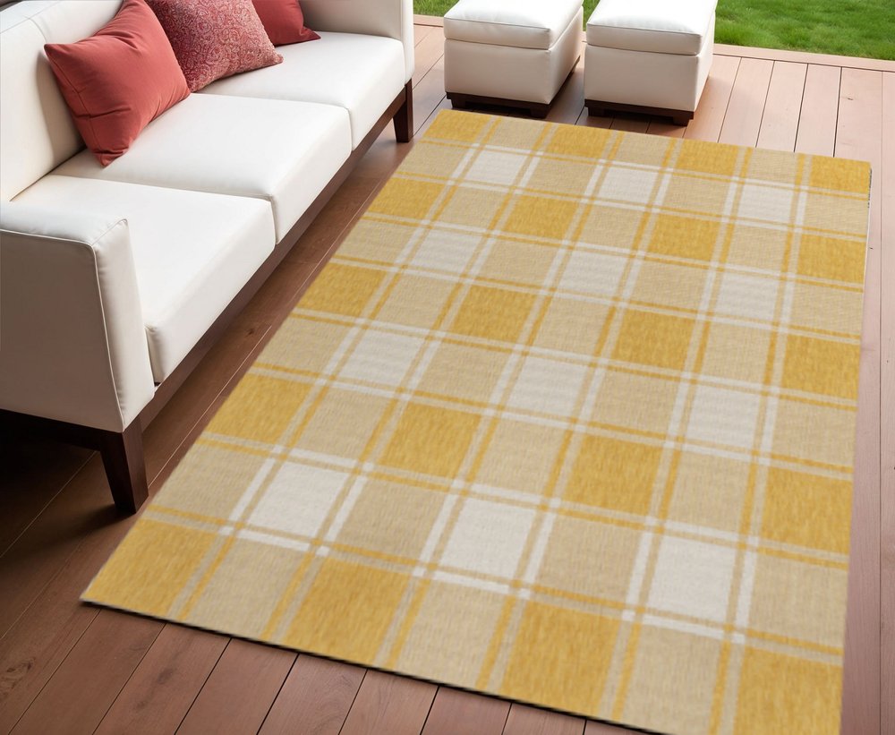 4' X 6' Yellow And Cream Gingham Indoor Outdoor Area Rug — view 3